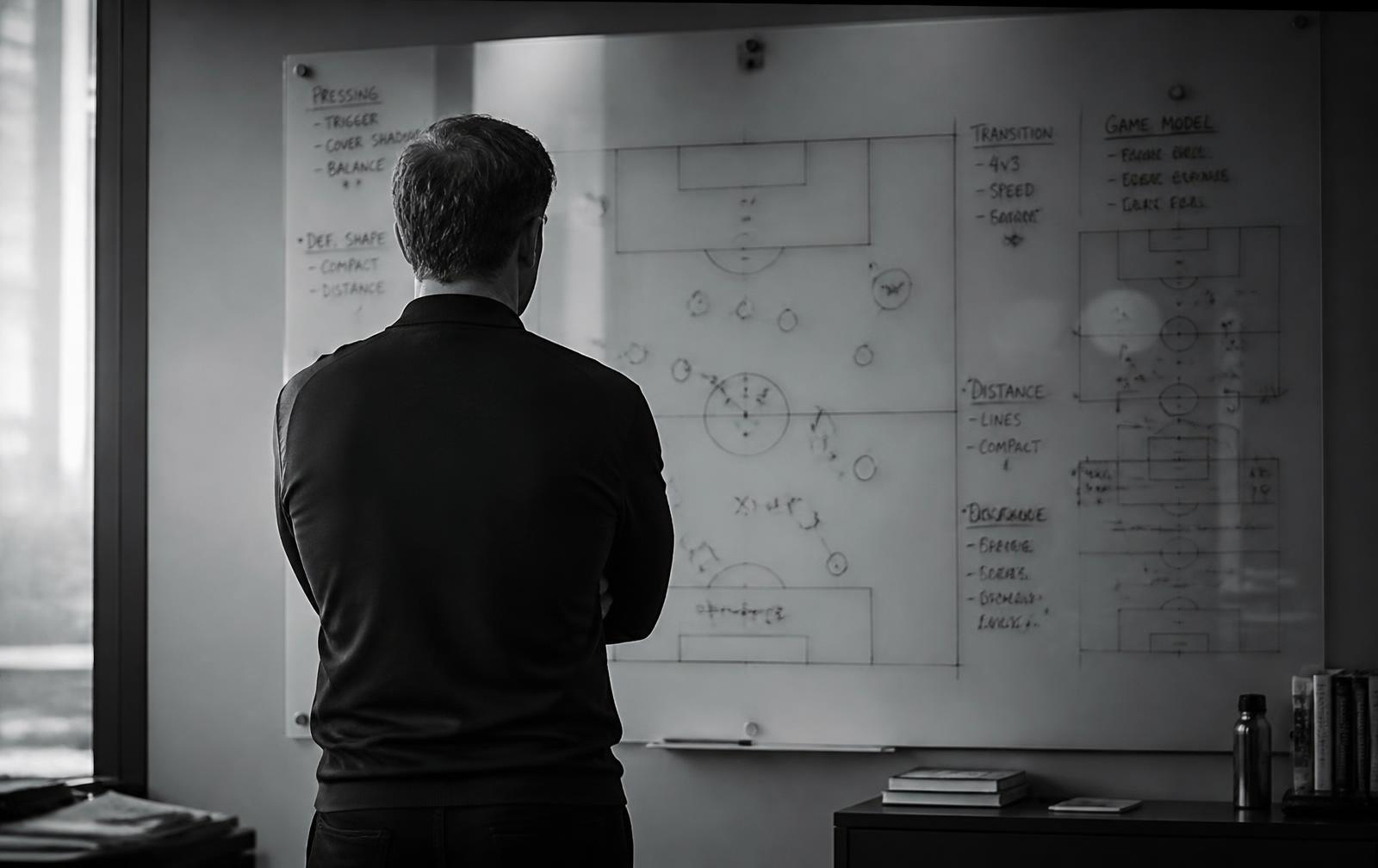 Trainer vor einem Whiteboard mit taktischen Notizen